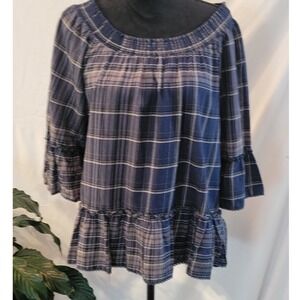 Democracy Navy Blue Plaid Off The Shoulder Ruffle Peplum Blouse Top Large